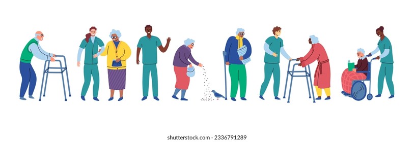 Cartoon Color Characters People Elderly and Social Workers Support Service Concept Flat Design Style. Vector illustration