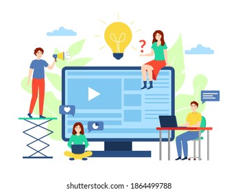 Cartoon Color Characters People and Elearning Concept Flat Design Style Include of Computer and Lamp. Vector illustration of Distance Training