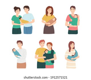 Cartoon Color Characters People Families with Newborn Baby Concept Flat Design Style. Vector illustration of Parent with Child