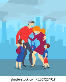 Cartoon Color Characters People Family Mask in City Smog Concept Flat Design on a Urban Landscape. Vector illustration