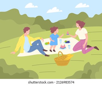 Cartoon Color Characters People Family with Kid on Summer Picnic Concept Flat Design Style. Vector illustration