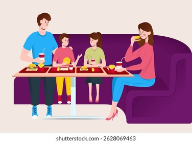 Cartoon Color Characters People Family Eating Fast Food Concept Flat Design Style. Vector illustration of Spends Time Together