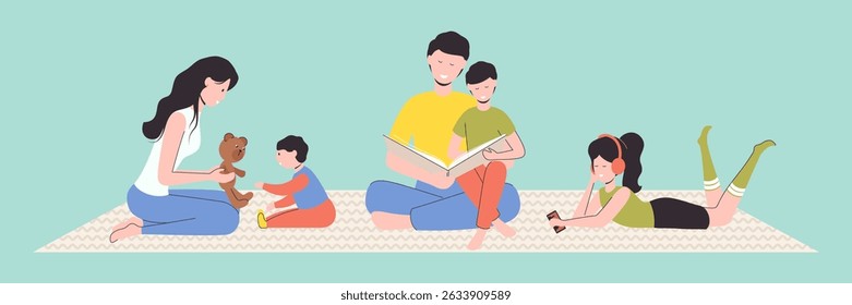 Cartoon Color Characters People Family on Blanket Spends Time Home Concept Flat Design Style and Line Elements. Vector illustration