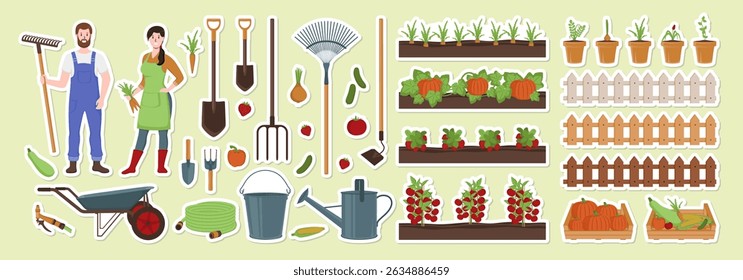 Cartoon Color Characters People Farmers Stickers Concept Flat Design Style Include of Vegetable, Pitchfork and Fence. Vector illustration