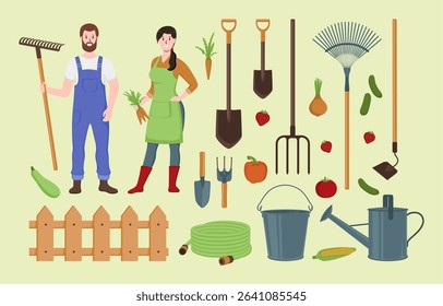Cartoon Color Characters People Farmers and Equipment Concept Flat Design Style. Vector illustration of Vegetable, Bucket, Pitchfork and Fence