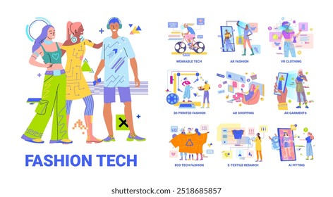 Cartoon Color Characters People and Fashion Tech Concept Flat Design Style. Vector illustration of Vr Clothing and Ar Shopping