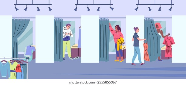 Cartoon Color Characters People and Fashion Fitting Room Concept Flat Design Style. Vector illustration of Trying New Clothes in Clothing Store