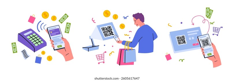 Cartoon Color Characters People and Finance Payments with Phone Scanning a QR Code Banking Service Set Concept Flat Design Style. Vector illustration