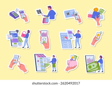 Cartoon Color Characters People and Finance Payments with Phone or Money Transfer Banking Service Stickers Set Concept Flat Design Style. Vector illustration