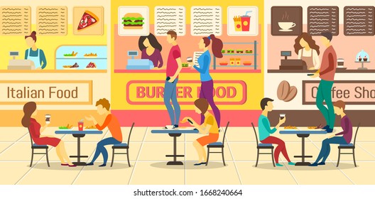 Cartoon Color Characters People and Food Court Restaurants Concept Flat Design Include of Table, Chair and Coffee. Vector illustration