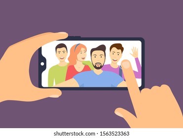 Cartoon Color Characters People Friends Taking a Photo Concept Flat Design Include of Man and Woman. Vector illustration