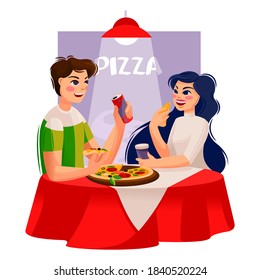Cartoon Color Characters People Friends in Pizzeria Eating Pizza Concept Flat Design Style. Vector illustration of Meeting