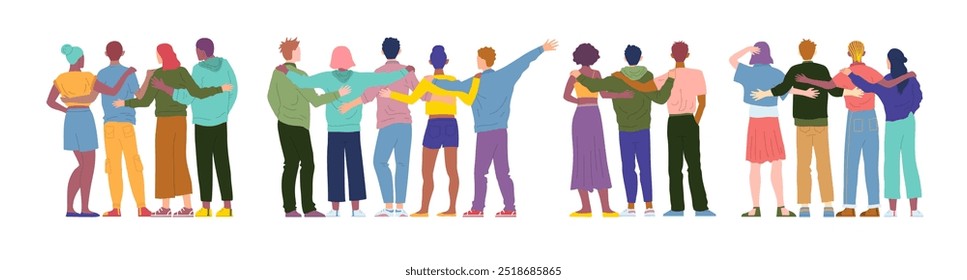 Cartoon Color Characters People Friends from Behind Concept Flat Design Style. Vector illustration of Hugging Team