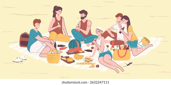 Cartoon Color Characters People Friends on The Beach Concept Flat Design Style . Vector illustration of Blanket Spread on Grass