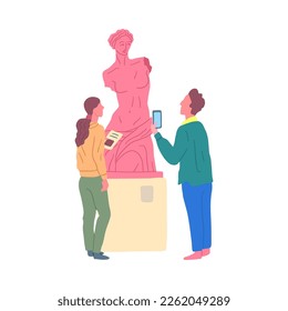 Cartoon Color Characters People Gallery Visitor and Antique Statue on a Pedestal Concept Flat Design Style. Vector illustration