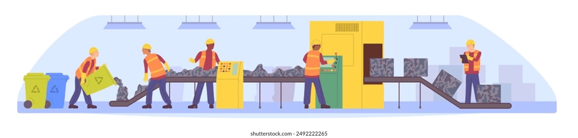 Cartoon Color Characters People and Garbage Recycling Process on Conveyor Concept Flat Design Style. Vector illustration of Machine Sorting Trash