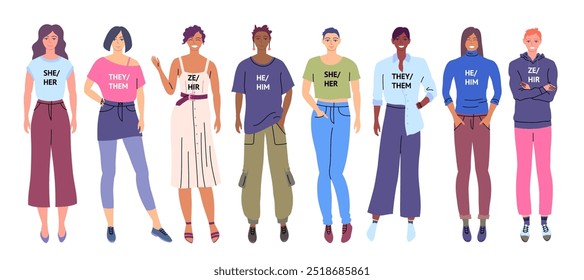 Cartoon Color Characters People and Gender Pronouns LGBTQ Community Gender Neutral Movement Concept Flat Design Style. Vector illustration