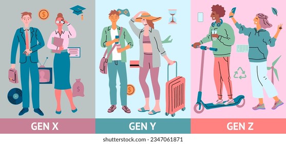 Cartoon Color Characters People Generationen X, Y oder Millennial und Z Concept Flat Design Style. Vektorgrafik