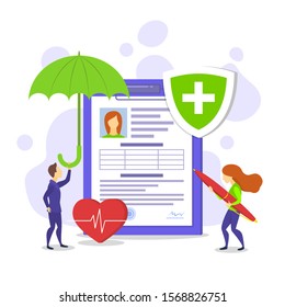 Cartoon Color Characters People and Health Concept Flat Design Include of Document, Heart and Umbrella. Vector illustration