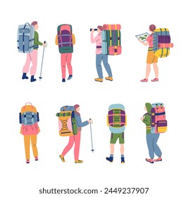 Cartoon Color Characters People Hikers Hiking Trekking or Holiday Travel Concept Flat Design Style. Vector illustration