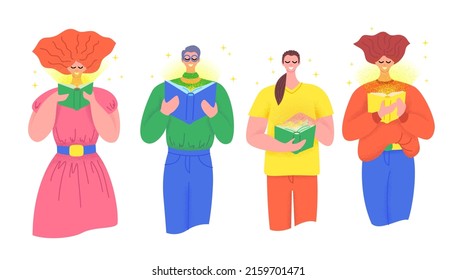 Cartoon Color Characters People Hold Book and Reading Day Concept Learn and Relax Flat Design Style. Vector illustration