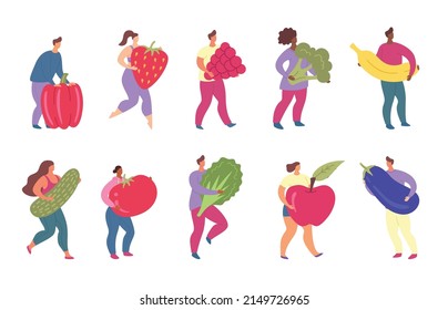 Cartoon Color Characters People Holding Food Fruit and Diet Vegan Healthy Concept Flat Design Style. Vector illustration