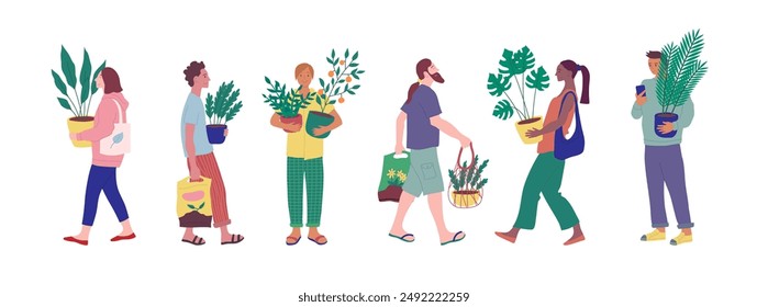 Dibujos animados Color Personajes Personas que sostienen las plantas Conjunto Hobby Concepto Diseño plano Estilo. No. Ilustración vectorial de hombre y mujer con planta de hogar