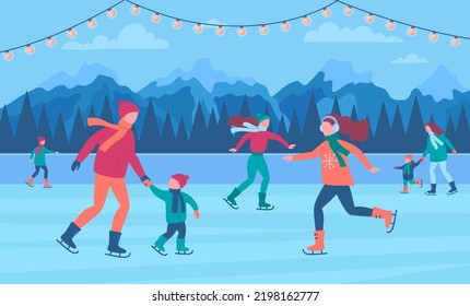Cartoon Color Characters People and Holiday Christmas Skating Ice Rink Concept Flat Design Style. Vector illustration of Winter Activity