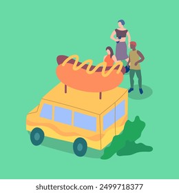 Cartoon Color Characters People and Hot Dog Street Food Caravan Trailer Truck Concept Flat Design Style. Vector illustration