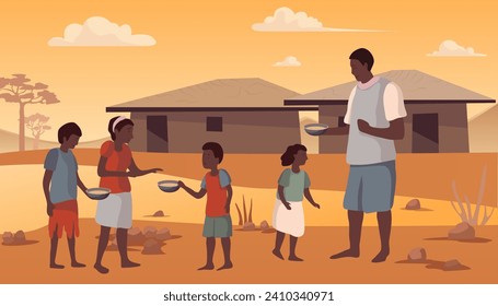 Cartoon Color Characters People and Hunger and Food Crisis Concept Flat Design Style. Vector illustration of Suffering from Starvation