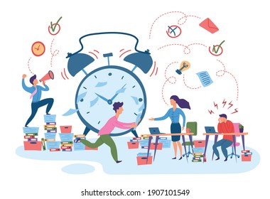 Cartoon Color Characters People Hurrying Workers and Burnout Concept Flat Design Style. Vector illustration of Deadline