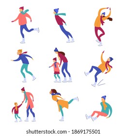 Cartoon Color Characters People Ice Skating Concept Set Flat Design Style. Vector illustration of Winter Sport