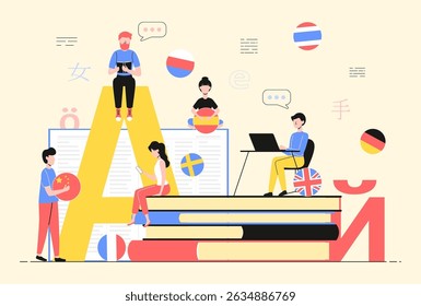 Cartoon Color Characters People and Integrated Language Learning Concept Flat Design Style and Line Elements. Vector illustration