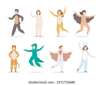 Cartoon Color Characters People Kids in Animal Dress Party or Carnival Concept Flat Design Style. Vector illustration