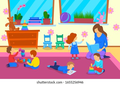 Cartoon Color Characters People and Kindergarten Interior Inside Concept Flat Design Include of Boy and Girl. Vector illustration