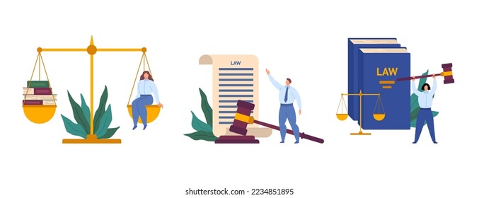 Cartoon Color Characters People and Law Justice Scenes Concept Flat Design Style Scale and Gavel Elements. Vector illustration