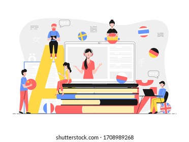Cartoon Color Characters People and Learning Foreign Language Concept Flat Design Style Include of Flag and Book. Vector illustration