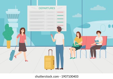 Cartoon Color Characters People Looking at Schedule Board Concept Flat Design Style. Vector illustration of Tourists with Luggage