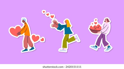 Cartoon Color Characters People Love Charity Sticker Concept Flat Design Style. Vector illustration of Person Giving Heart