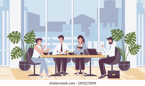 Caracteres de color de caricatura Personas y hora de almuerzo en concepto de oficina. Vector