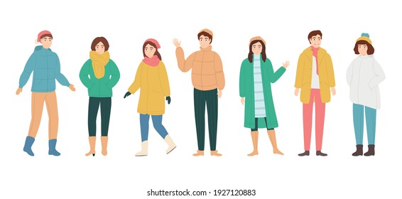 Cartoon Color Characters People Man And Woman In Winter Clothes Concept Flat Design Style. Vector Illustration Of Season Fashion