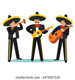 Cartoon Color Characters People Mariachi Band Set Traditional Music Concept Flat Design. Vector illustration of Mexican Man