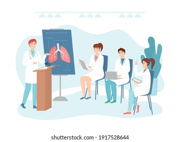 Cartoon Color Characters People and Medical Seminar or Conference Concept Flat Design Style. Vector illustration of Professional Lecture