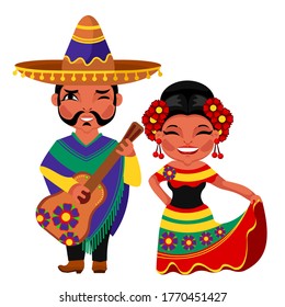 Cartoon Color Characters People Mexican National Costume Concept Flat Design Style. Vector illustration of Mexican Woman and Man