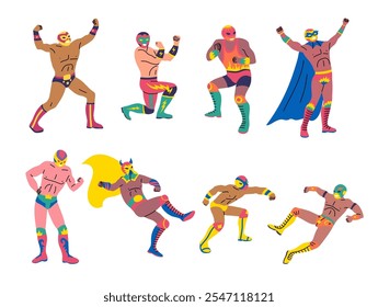 Personagens de cor dos desenhos animados Pessoas Lutadores Mexicanos Arte Marcial Conceito Estilo de Design Plano. Ilustração vetorial de Fighter Lucha Libre