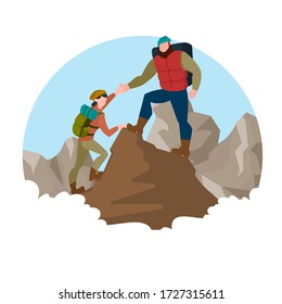 Cartoon Color Characters People And Mountain Climber Concept Flat Design Style Include Of Peak Of Rock. Vector Illustration