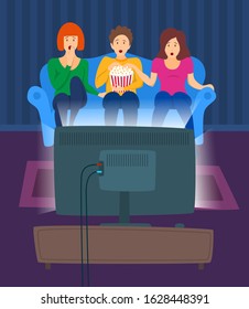 Cartoon Color Characters People and Movie Night Concept Flat Design Include of Popcorn, Sofa and Television. Vector illustration