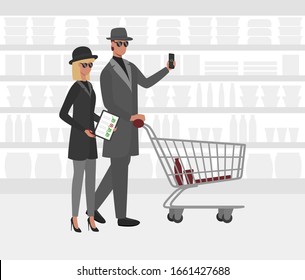 Cartoon Color Characters People and Mystery Shopper Concept Flat Design Include of Checklist and Cart . Vector illustration