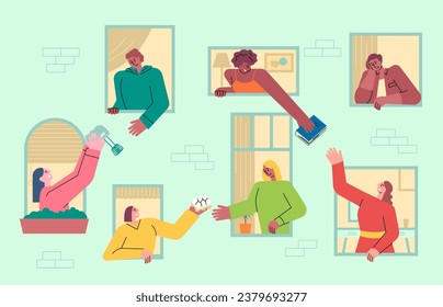 Cartoon Color Characters People Neighbors Sharing Things and Helping Each Other Concept Flat Design Style. Vector illustration