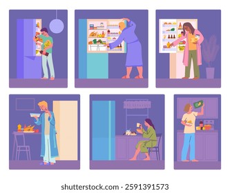 Cartoon Color Characters People and Night Snack Concept Flat Design Style. Vector illustration of Late Night Snacking